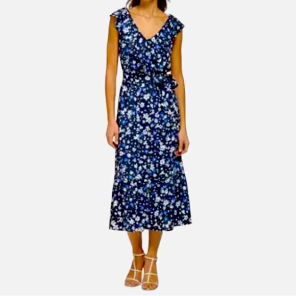 DKNY Short Sleeve V-Neck Ruffle Print Fit and Flare Dress, Size 6 - Picture 1 of 16